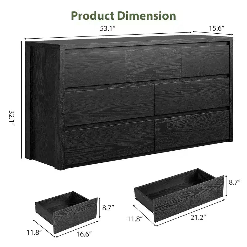 Cómoda de 7 cajones para dormitorio, cajonera moderna ancha, cómoda grande de madera y organizador de almacenamiento para sala de estar, pasillo y recibidor
