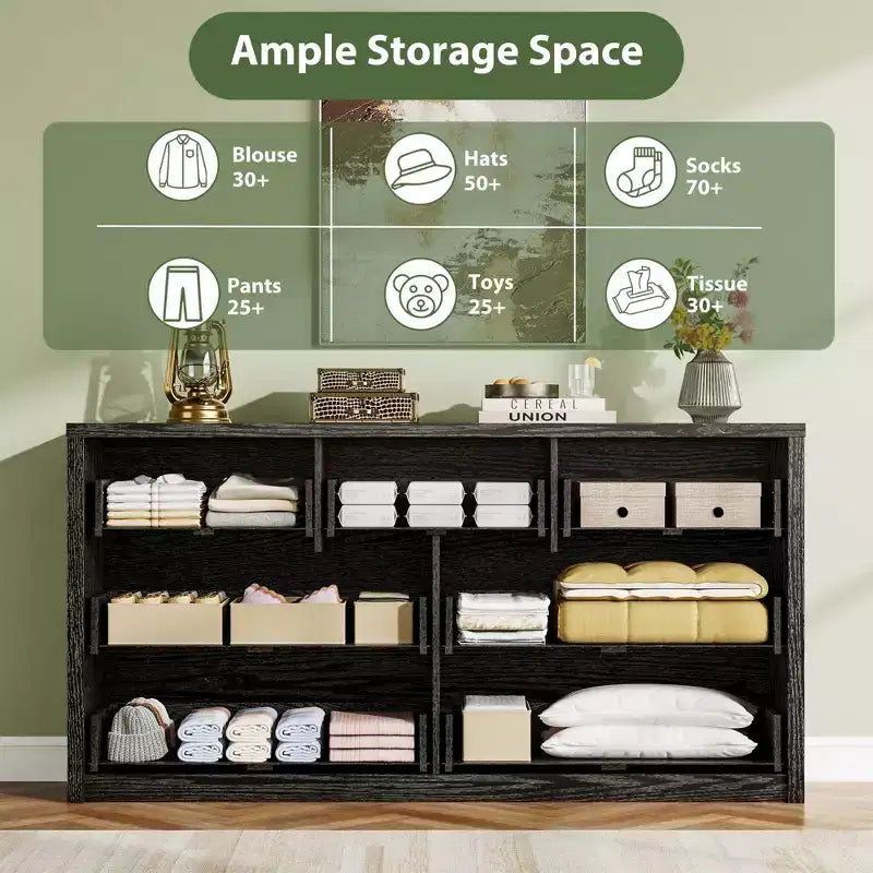 Cómoda de 7 cajones para dormitorio, cajonera moderna ancha, cómoda grande de madera y organizador de almacenamiento para sala de estar, pasillo y recibidor