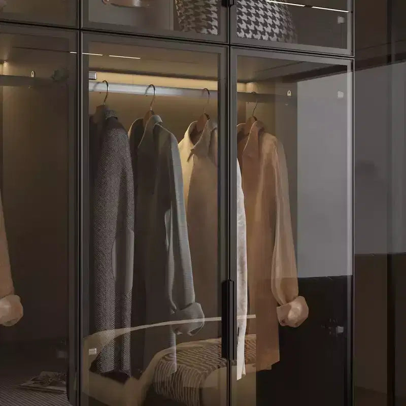 Armoire de luxe noir pur avec portes en verre trempé, éclairage LED à 3 couleurs, dressing du sol au plafond, organiseur de placard pour chambre