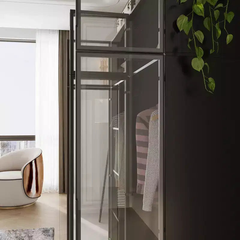 Armoire de luxe noir pur avec portes en verre trempé, éclairage LED à 3 couleurs, dressing du sol au plafond, organiseur de placard pour chambre