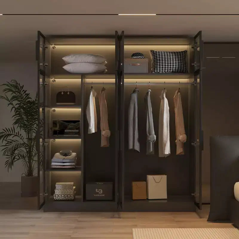 Armoire de luxe noir pur avec portes en verre trempé, éclairage LED à 3 couleurs, dressing du sol au plafond, organiseur de placard pour chambre