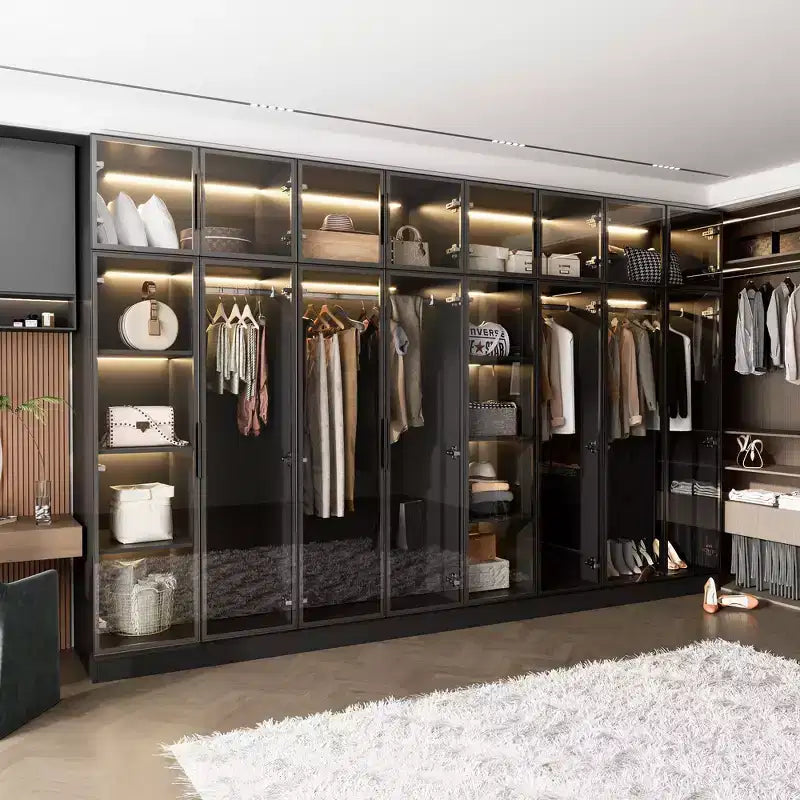 Armoire de luxe noir pur avec portes en verre trempé, éclairage LED à 3 couleurs, dressing du sol au plafond, organiseur de placard pour chambre