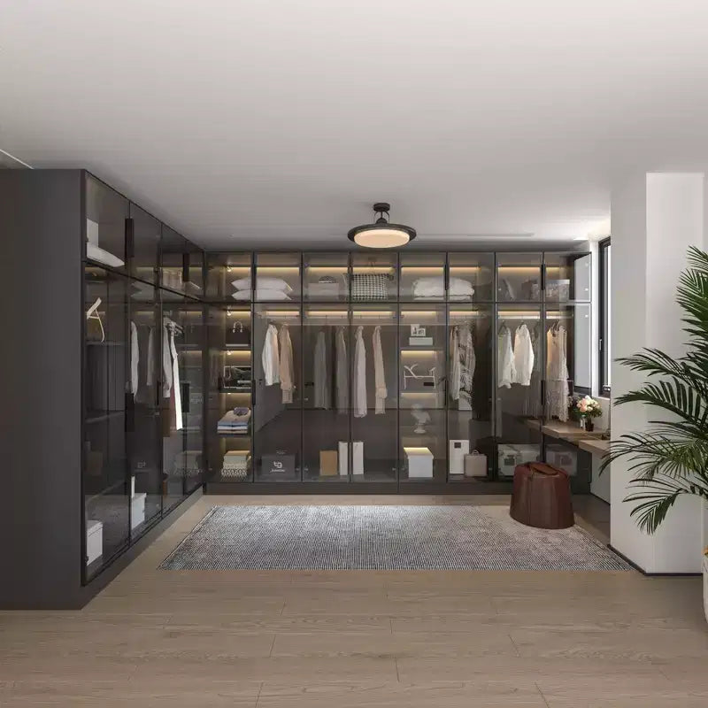 Armoire de luxe noir pur avec portes en verre trempé, éclairage LED à 3 couleurs, dressing du sol au plafond, organiseur de placard pour chambre