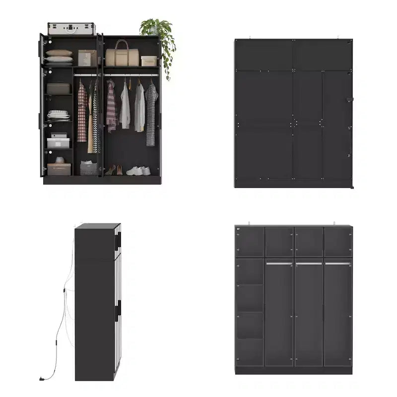 Armoire de luxe noir pur avec portes en verre trempé, éclairage LED à 3 couleurs, dressing du sol au plafond, organiseur de placard pour chambre