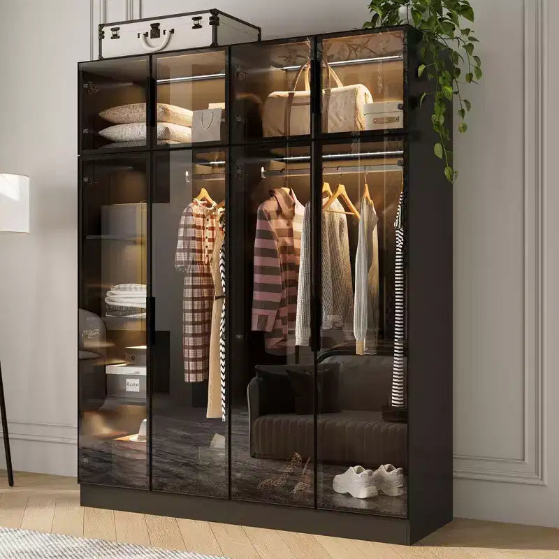 Luxuriöser Kleiderschrank in Rein-Schwarz mit Türen aus gehärtetem Glas, 3-farbiger LED-Beleuchtung, raumhoher Kleiderschrank-Organizer für Schlafzimmer und Ankleidezimmer