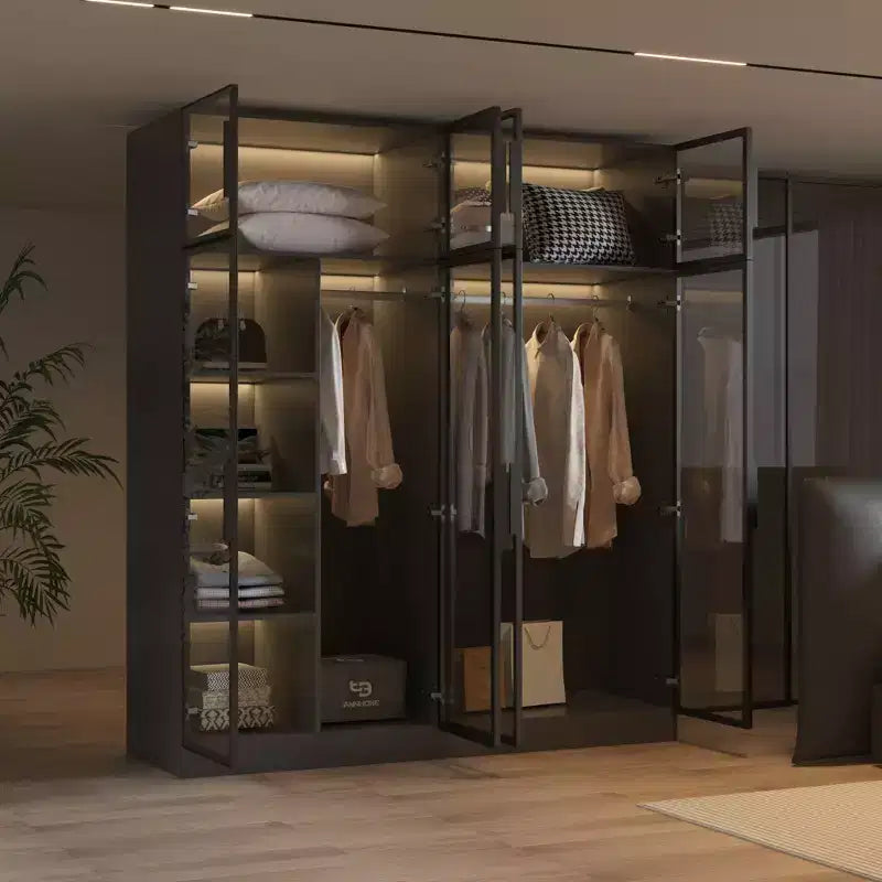 Armoire de luxe noir pur avec portes en verre trempé, éclairage LED à 3 couleurs, dressing du sol au plafond, organiseur de placard pour chambre