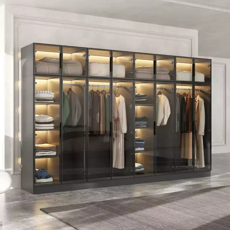 Luxuriöser Kleiderschrank in Rein-Schwarz mit Türen aus gehärtetem Glas, 3-farbiger LED-Beleuchtung, raumhoher Kleiderschrank-Organizer für Schlafzimmer und Ankleidezimmer