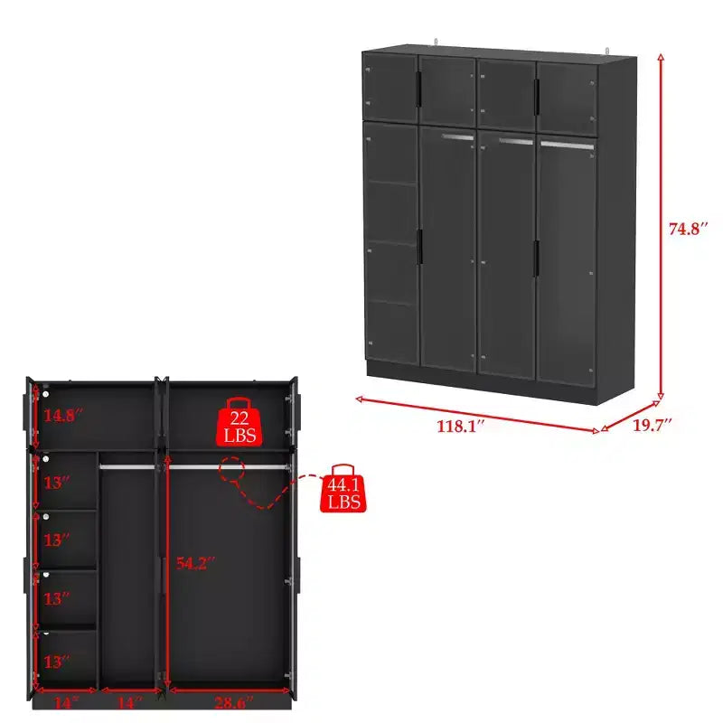 Armoire de luxe noir pur avec portes en verre trempé, éclairage LED à 3 couleurs, dressing du sol au plafond, organiseur de placard pour chambre