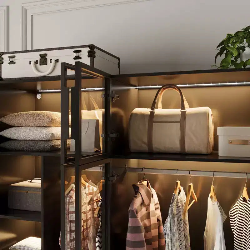 Armoire de luxe noir pur avec portes en verre trempé, éclairage LED à 3 couleurs, dressing du sol au plafond, organiseur de placard pour chambre