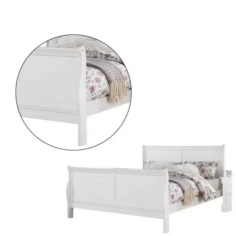Cama de tamaño matrimonial con diseño tipo trineo y patas elegantes, blanca