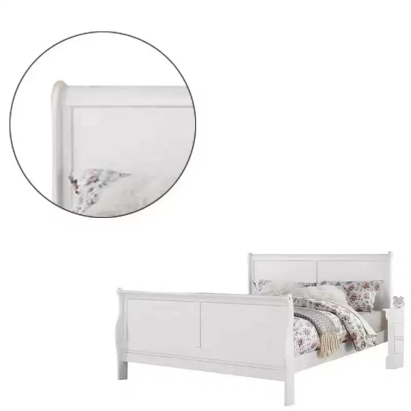 Cama de tamaño matrimonial con diseño tipo trineo y patas elegantes, blanca