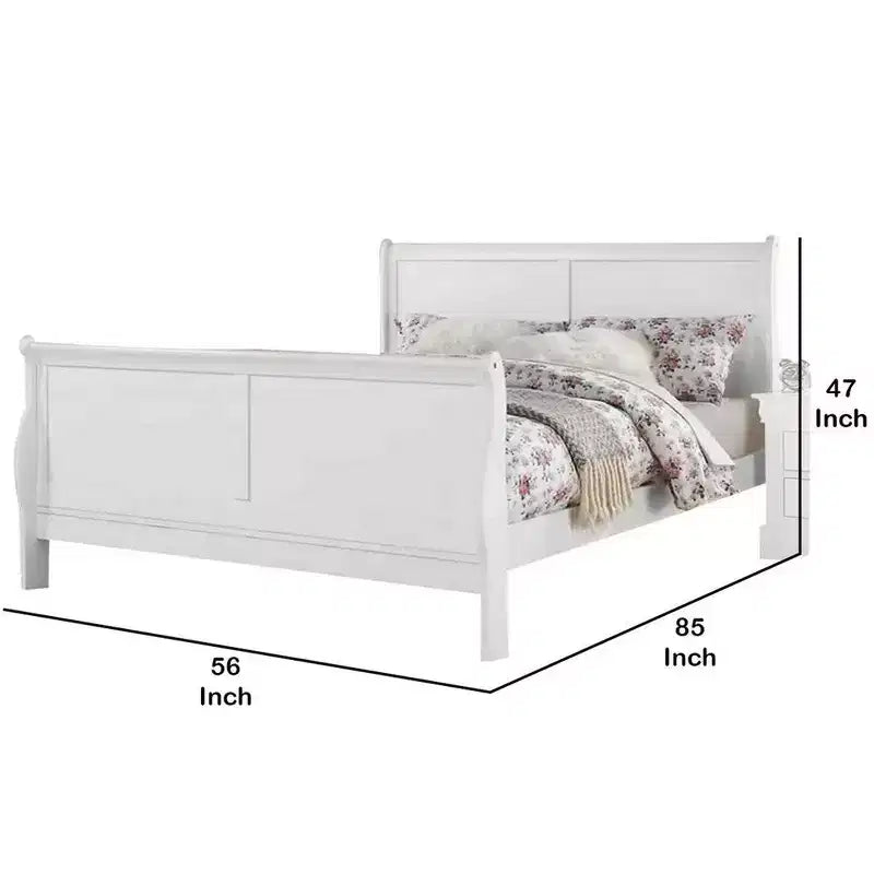 Cama de tamaño matrimonial con diseño tipo trineo y patas elegantes, blanca