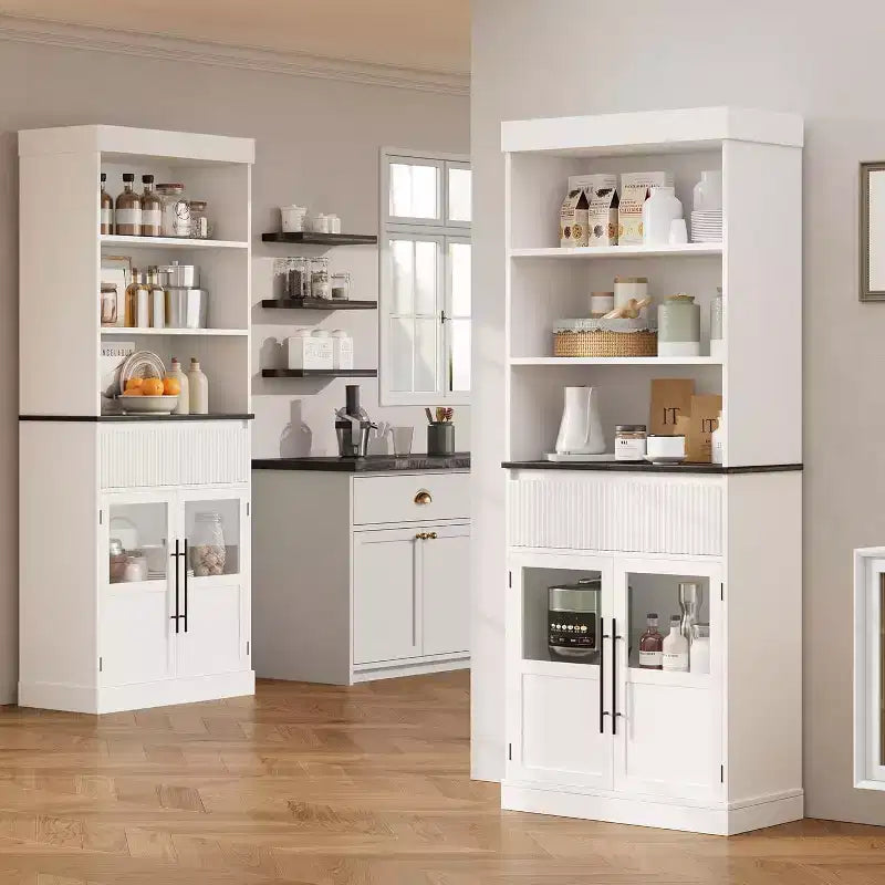 70 hoher Küchenschrank mit Schublade und Glastüren, Bodenschrank für Bad, Büro, Wohnzimmer, Esszimmer und Eingangsbereich