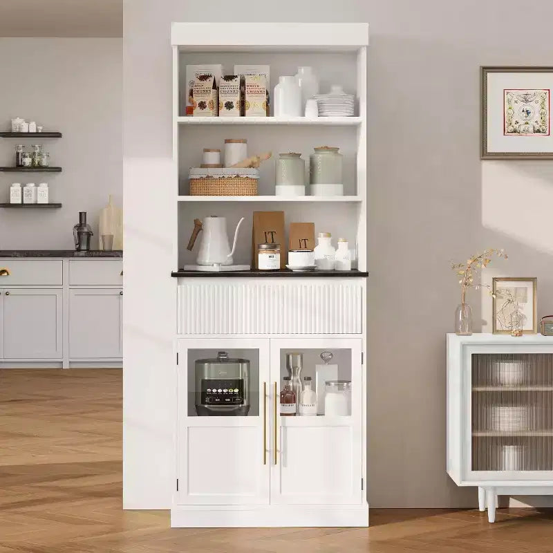 70 hoher Küchenschrank mit Schublade und Glastüren, Bodenschrank für Bad, Büro, Wohnzimmer, Esszimmer und Eingangsbereich