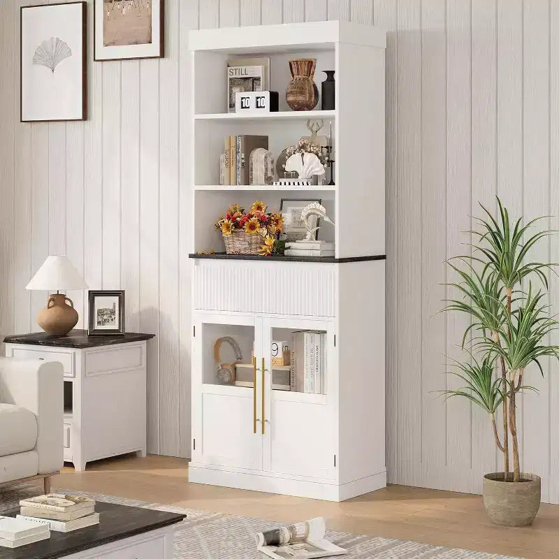 70 hoher Küchenschrank mit Schublade und Glastüren, Bodenschrank für Bad, Büro, Wohnzimmer, Esszimmer und Eingangsbereich