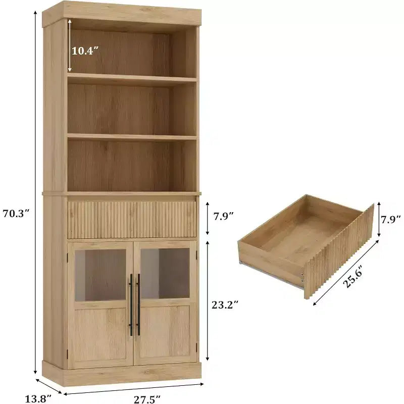 70 hoher Küchenschrank mit Schublade und Glastüren, Bodenschrank für Bad, Büro, Wohnzimmer, Esszimmer und Eingangsbereich