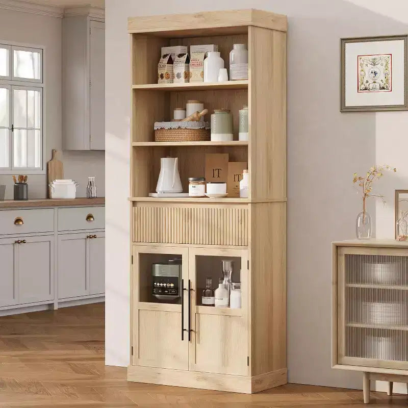 70 hoher Küchenschrank mit Schublade und Glastüren, Bodenschrank für Bad, Büro, Wohnzimmer, Esszimmer und Eingangsbereich
