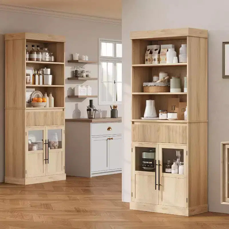 70 hoher Küchenschrank mit Schublade und Glastüren, Bodenschrank für Bad, Büro, Wohnzimmer, Esszimmer und Eingangsbereich