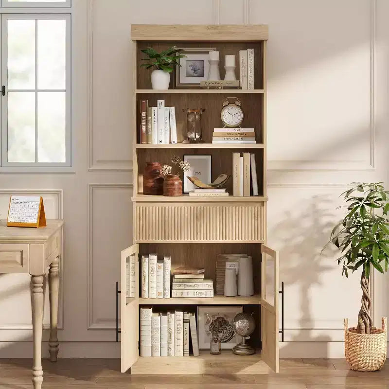 70 hoher Küchenschrank mit Schublade und Glastüren, Bodenschrank für Bad, Büro, Wohnzimmer, Esszimmer und Eingangsbereich