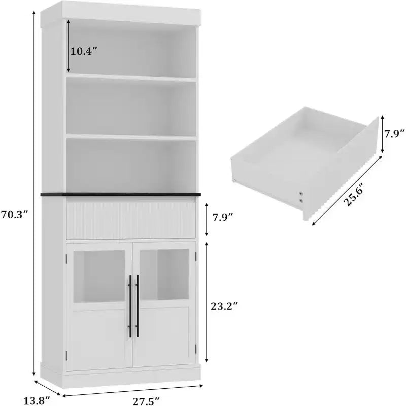 70 hoher Küchenschrank mit Schublade und Glastüren, Bodenschrank für Bad, Büro, Wohnzimmer, Esszimmer und Eingangsbereich