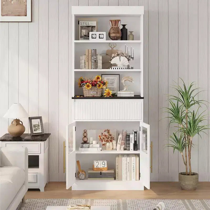 70 hoher Küchenschrank mit Schublade und Glastüren, Bodenschrank für Bad, Büro, Wohnzimmer, Esszimmer und Eingangsbereich