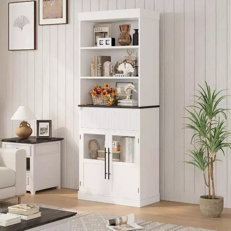 70 hoher Küchenschrank mit Schublade und Glastüren, Bodenschrank für Bad, Büro, Wohnzimmer, Esszimmer und Eingangsbereich