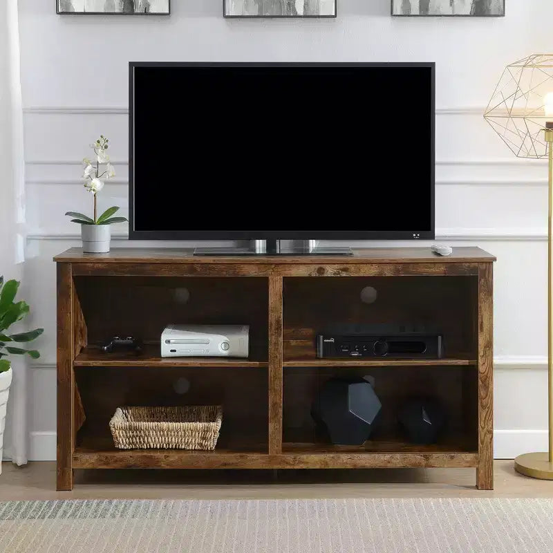 Mueble alto para TV de hasta 65" con estantes, acabado de madera de granero: estilo moderno, estructura de MDF, estante fijo