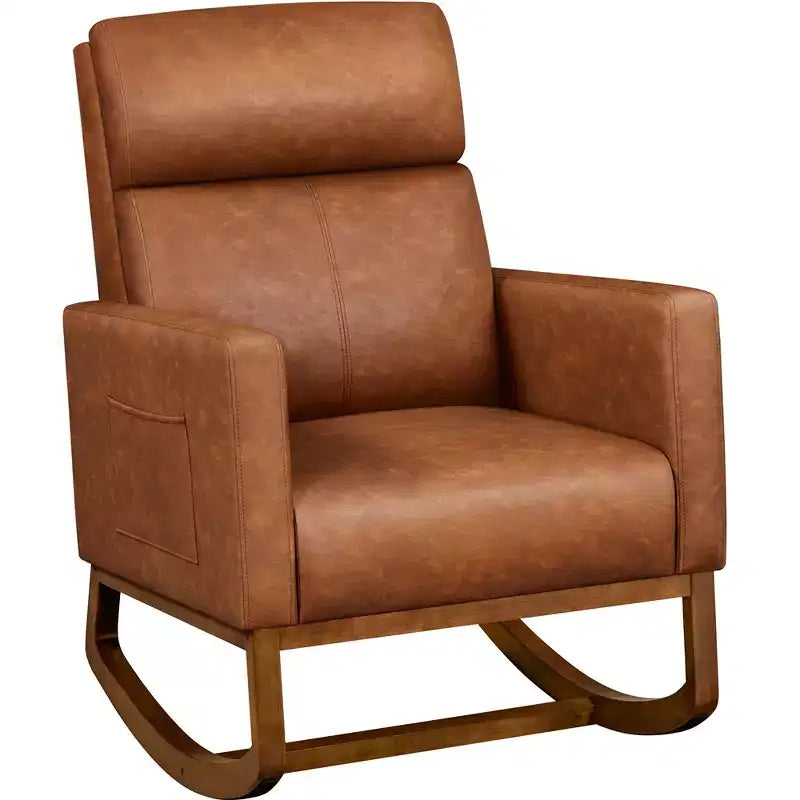 Yaheetech Faux Leather Upholstered Rocking Chair with Rubberwood Legs Brown