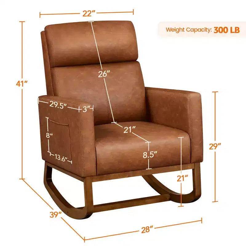 Silla mecedora tapizada en cuero sintético con patas de madera de caucho, marrón