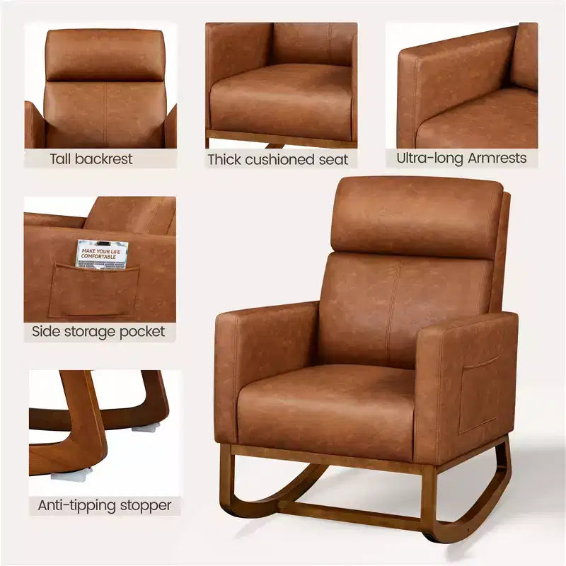 Silla mecedora tapizada en cuero sintético con patas de madera de caucho, marrón