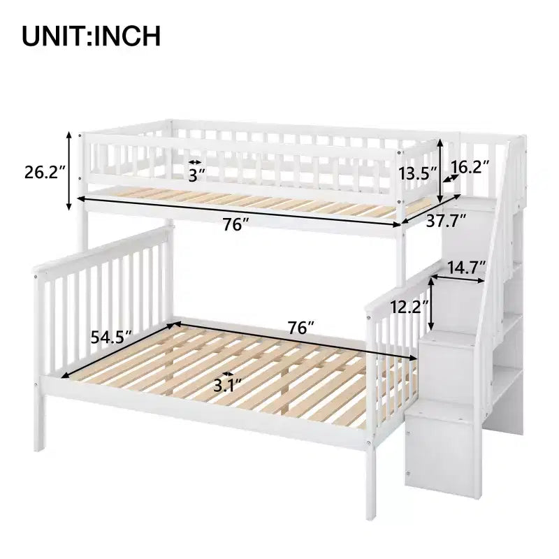 Litera con cama individual arriba y cama matrimonial abajo, escalera con almacenamiento
