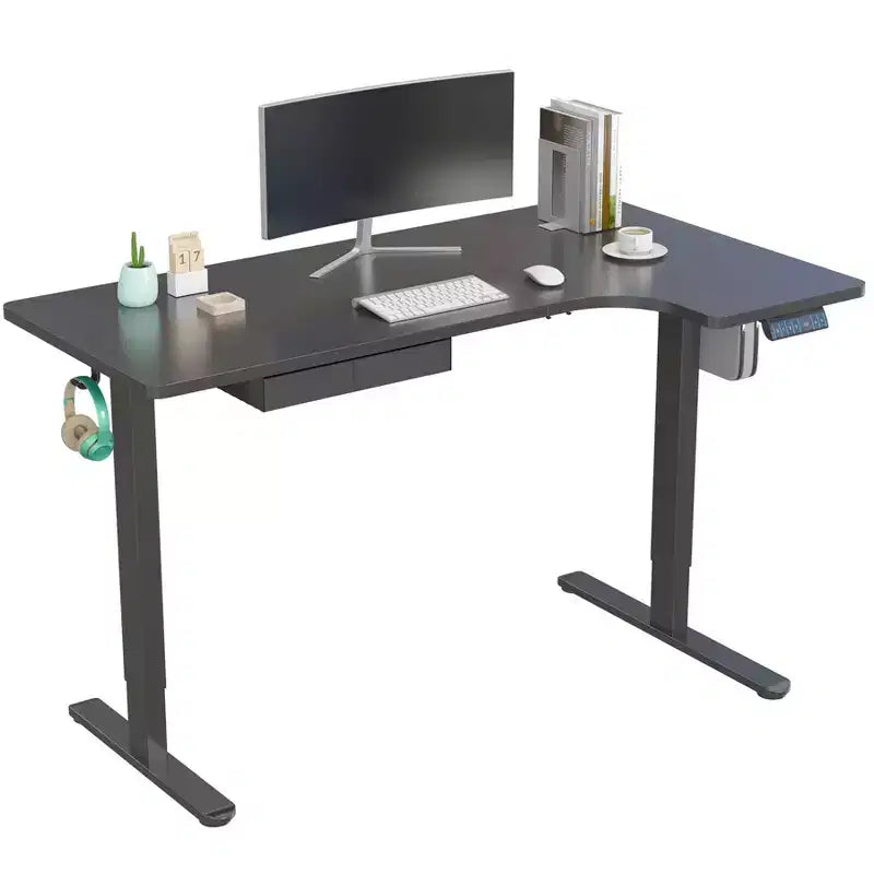 Bureau électrique en L réglable en hauteur, bureau assis-debout automatique, trois réglages mémorisés, structure en acier massif, deux options de montage