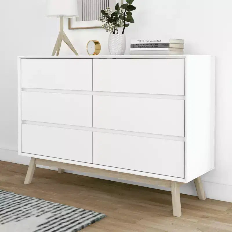 Cómoda de 6 cajones, cómodas y cajonera de almacenamiento de madera maciza para dormitorio