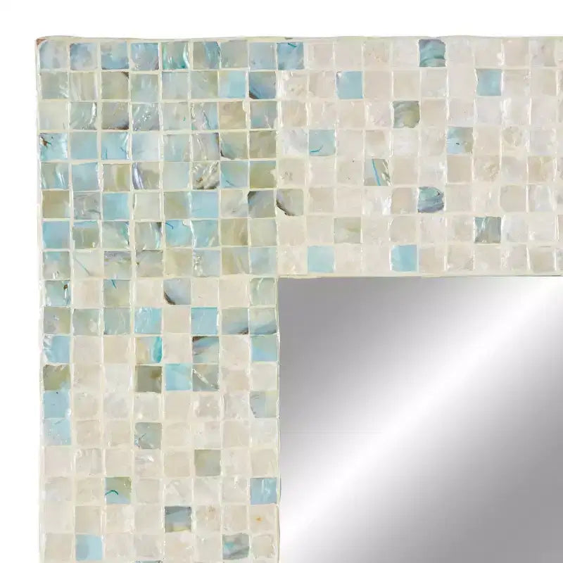 Handgefertigter Wandspiegel aus Perlmuttmosaik mit blauen Ecken, cremefarben