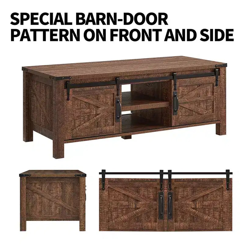 Mesa de centro resistente de estilo rústico con puertas corredizas de granero y estantes de almacenamiento para sala de estar, estudio, sala familiar u oficina