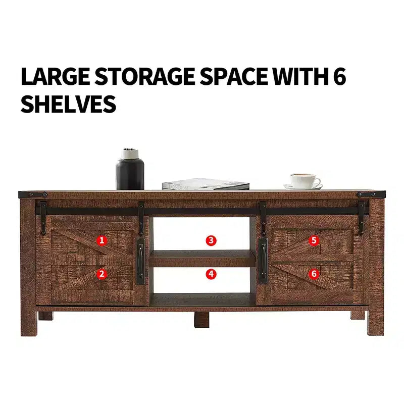 Mesa de centro resistente de estilo rústico con puertas corredizas de granero y estantes de almacenamiento para sala de estar, estudio, sala familiar u oficina