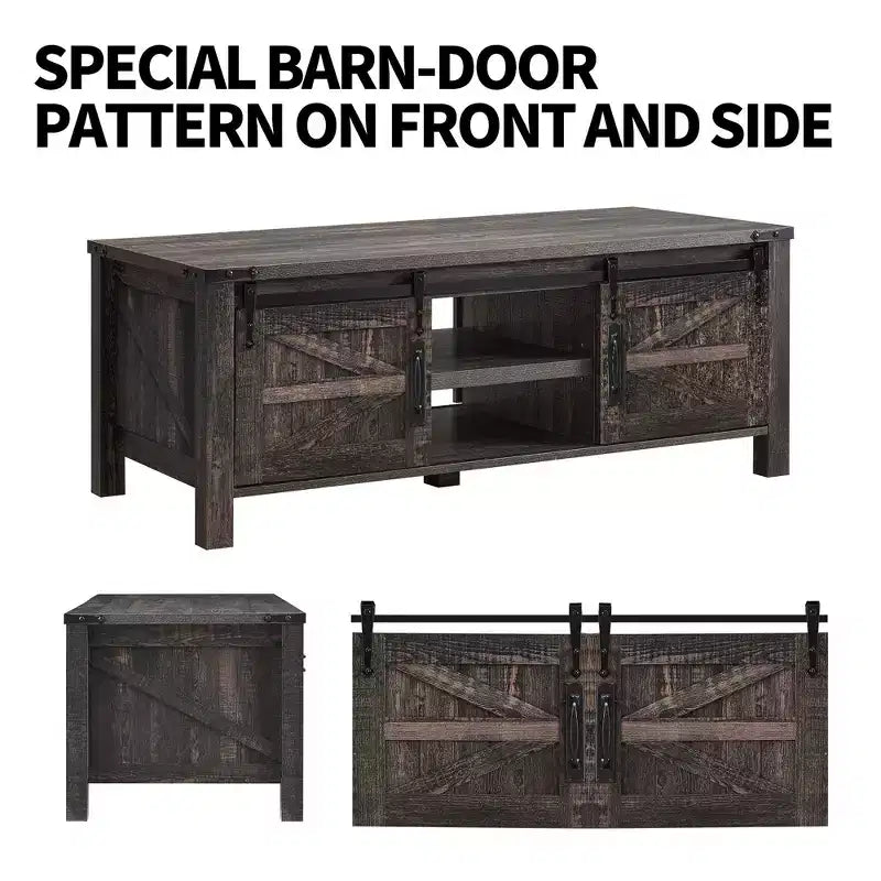 Mesa de centro resistente de estilo rústico con puertas corredizas de granero y estantes de almacenamiento para sala de estar, estudio, sala familiar u oficina