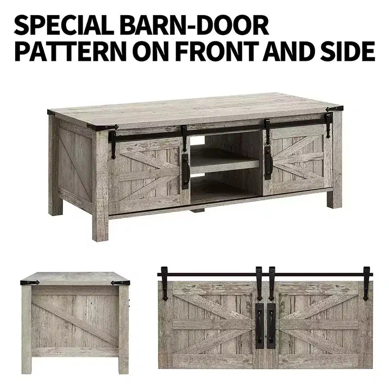 Mesa de centro resistente de estilo rústico con puertas corredizas de granero y estantes de almacenamiento para sala de estar, estudio, sala familiar u oficina