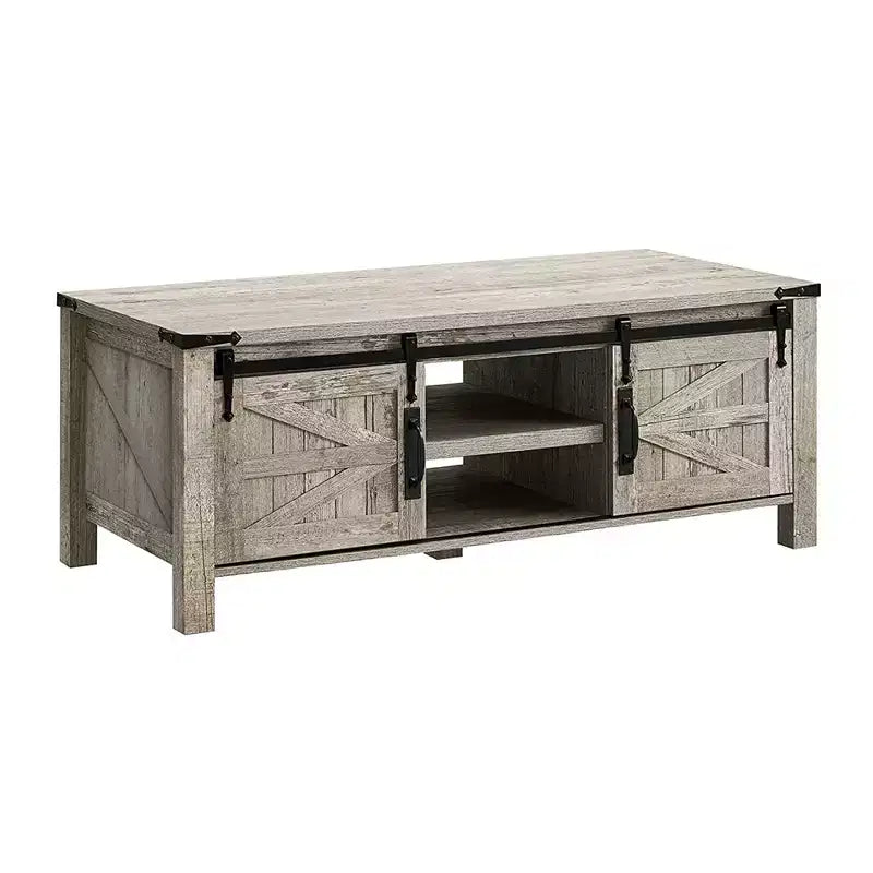 Mesa de centro resistente de estilo rústico con puertas corredizas de granero y estantes de almacenamiento para sala de estar, estudio, sala familiar u oficina