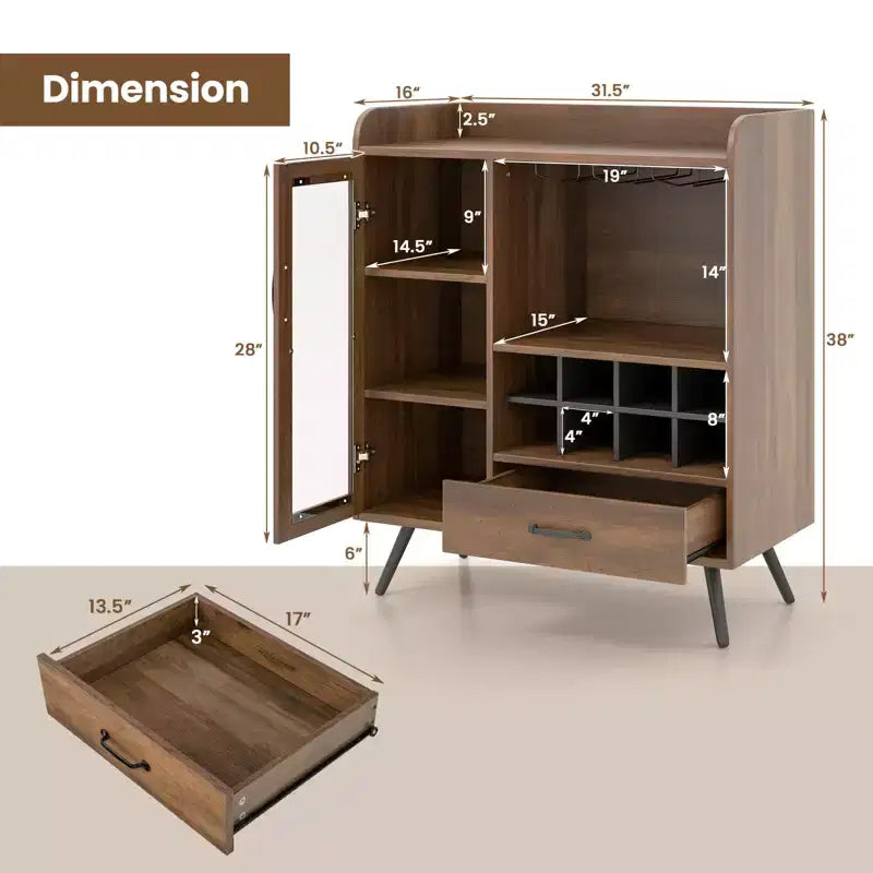 Küchen-Aufbewahrungsschrank/Sideboard mit Weinglashalter für 3 Reihen, herausnehmbarem Gestell, Tür aus gehärtetem Glas und Kippschutz