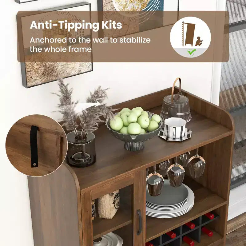 Küchen-Aufbewahrungsschrank/Sideboard mit Weinglashalter für 3 Reihen, herausnehmbarem Gestell, Tür aus gehärtetem Glas und Kippschutz