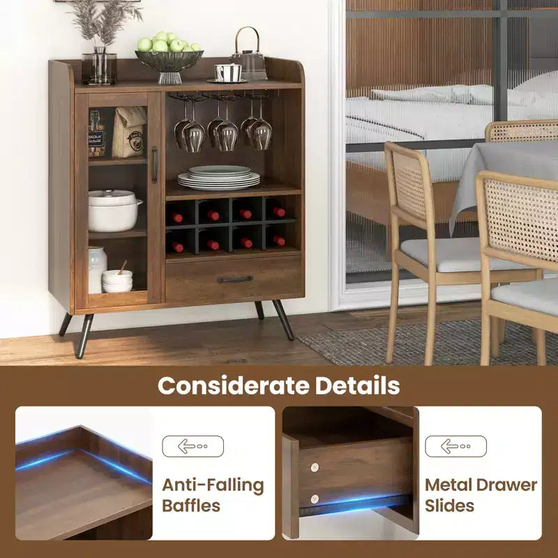 Küchen-Aufbewahrungsschrank/Sideboard mit Weinglashalter für 3 Reihen, herausnehmbarem Gestell, Tür aus gehärtetem Glas und Kippschutz