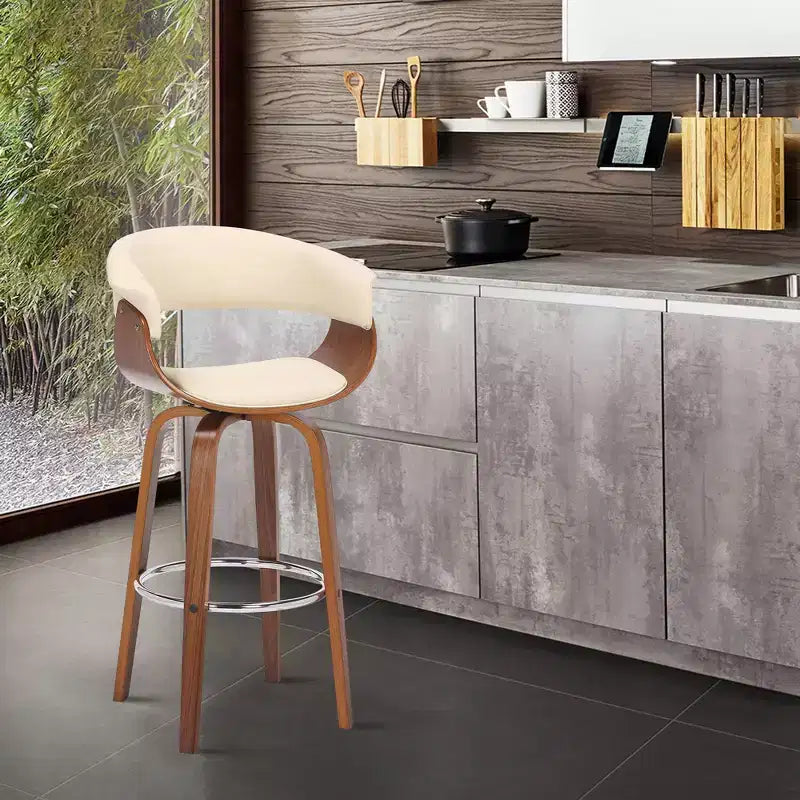 Taburete giratorio de bar de cuero sintético y madera para barra